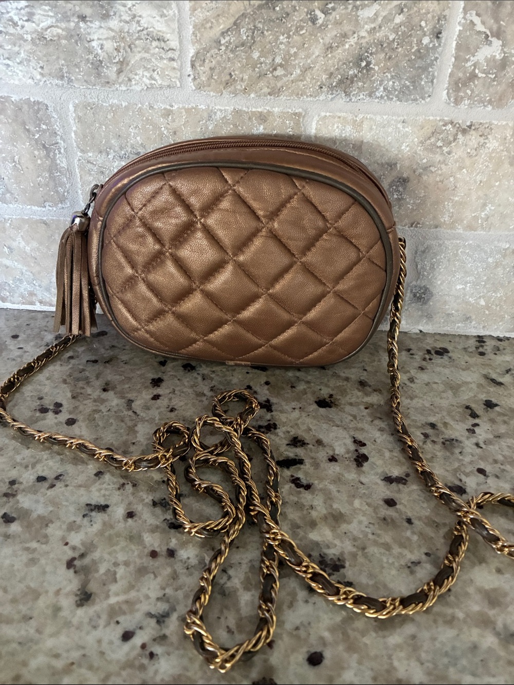 Quilted LJ Simone Metallic Bronze Crossbody with Tassel and Chain